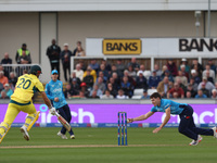 England's Matthew Potts runs out Australia's Aaron Hardie during the Metro Bank One Day Series match between England and Australia at the Se...