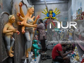 Artists make idols of Goddess Durga ahead of the Durga Puja festival in Kolkata, India, on September 24, 2024. (