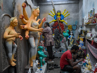 Artists make idols of Goddess Durga ahead of the Durga Puja festival in Kolkata, India, on September 24, 2024. (