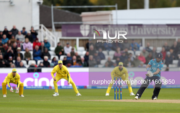 Ben Duckett of England scores four from a scoop shot during the Metro Bank One Day Series match between England and Australia at the Seat Un...