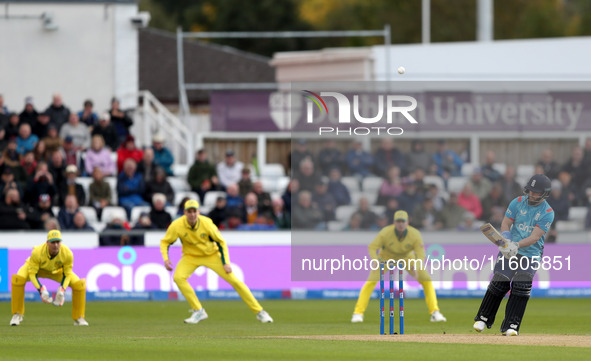 Ben Duckett of England scores four from a scoop shot during the Metro Bank One Day Series match between England and Australia at the Seat Un...