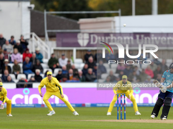 Ben Duckett of England scores four from a scoop shot during the Metro Bank One Day Series match between England and Australia at the Seat Un...