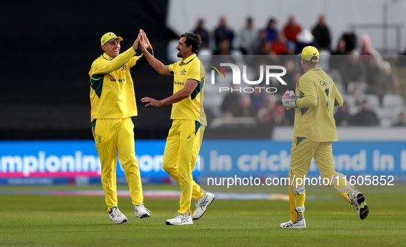 Mitchell Starc of Australia and teammates celebrate the wicket of Phil Salt of England during the Metro Bank One Day Series match between En...