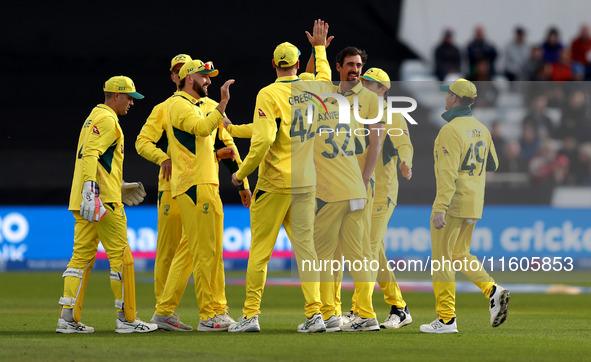 Mitchell Starc of Australia and teammates celebrate the wicket of Phil Salt of England during the Metro Bank One Day Series match between En...