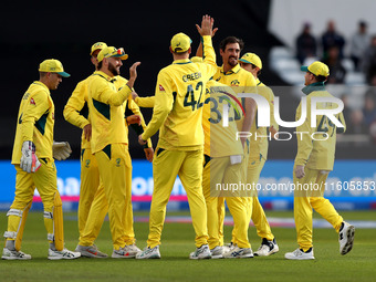 Mitchell Starc of Australia and teammates celebrate the wicket of Phil Salt of England during the Metro Bank One Day Series match between En...