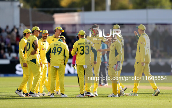 Mitchell Starc of Australia and teammates celebrate after taking the wicket of Ben Duckett of England during the Metro Bank One Day Series m...