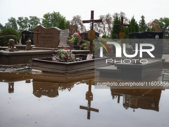 A cemetery covered with water after Nysa Klodzka river flooded town of Lewin Brzeski in southwestern Poland. September 23rd, 2024. Storm Bor...