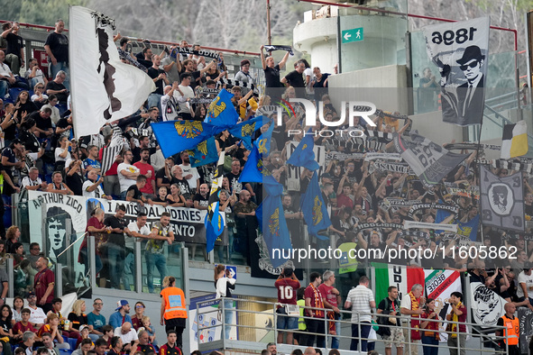 Supporters of Udinese Calcio during the Serie A Enilive match between AS Roma and Udinese Calcio at Stadio Olimpico on September 22, 2024 in...