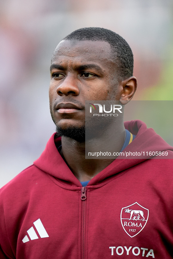 Evan Ndicka of AS Roma looks on during the Serie A Enilive match between AS Roma and Udinese Calcio at Stadio Olimpico on September 22, 2024...