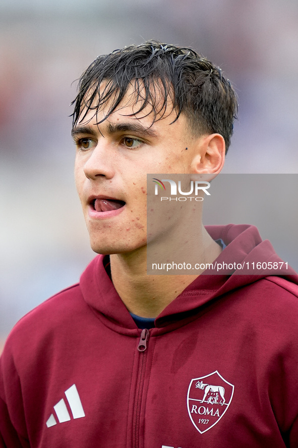 Niccolo' Pisilli of AS Roma looks on during the Serie A Enilive match between AS Roma and Udinese Calcio at Stadio Olimpico on September 22,...