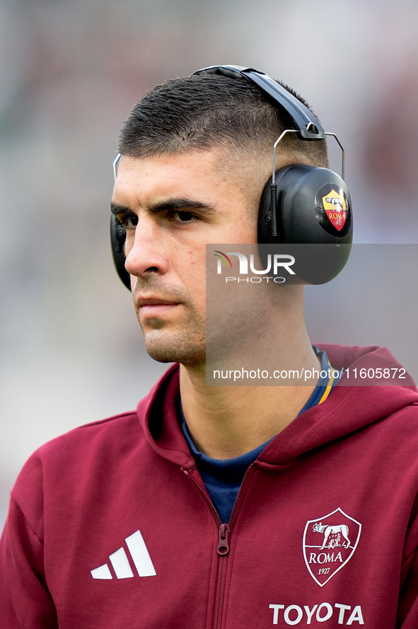 Gianluca Mancini of AS Roma looks on during the Serie A Enilive match between AS Roma and Udinese Calcio at Stadio Olimpico on September 22,...