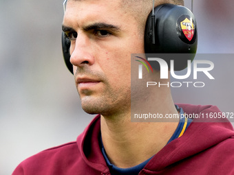 Gianluca Mancini of AS Roma looks on during the Serie A Enilive match between AS Roma and Udinese Calcio at Stadio Olimpico on September 22,...