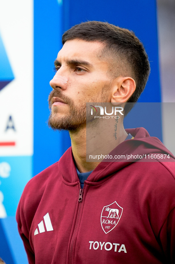 Lorenzo Pellegrini of AS Roma looks on during the Serie A Enilive match between AS Roma and Udinese Calcio at Stadio Olimpico on September 2...