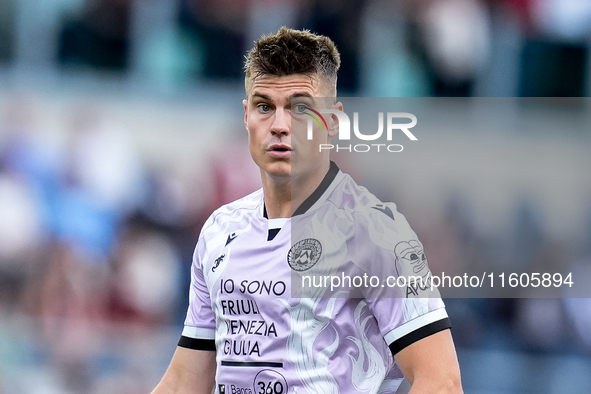 Jaka Bijol of Udinese Calcio looks on during the Serie A Enilive match between AS Roma and Udinese Calcio at Stadio Olimpico on September 22...