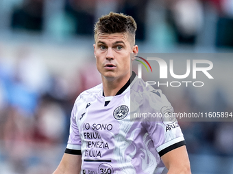 Jaka Bijol of Udinese Calcio looks on during the Serie A Enilive match between AS Roma and Udinese Calcio at Stadio Olimpico on September 22...