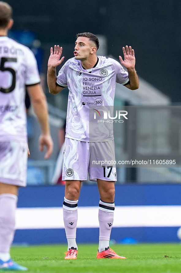 Lorenzo Lucca of Udinese Calcio reacts during the Serie A Enilive match between AS Roma and Udinese Calcio at Stadio Olimpico on September 2...