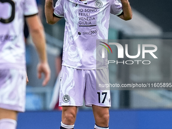 Lorenzo Lucca of Udinese Calcio reacts during the Serie A Enilive match between AS Roma and Udinese Calcio at Stadio Olimpico on September 2...