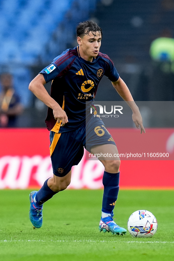 Niccolo' Pisilli of AS Roma during the Serie A Enilive match between AS Roma and Udinese Calcio at Stadio Olimpico on September 22, 2024 in...