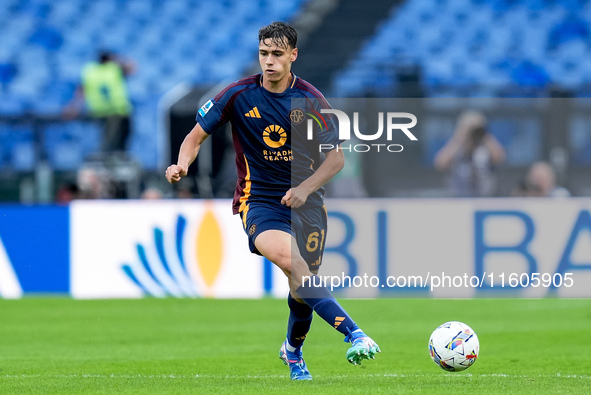 Niccolo' Pisilli of AS Roma during the Serie A Enilive match between AS Roma and Udinese Calcio at Stadio Olimpico on September 22, 2024 in...