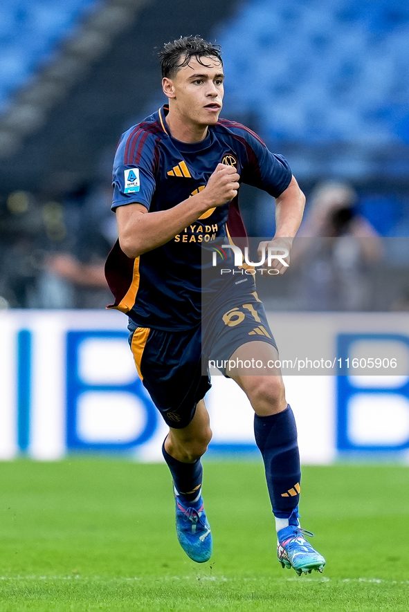 Niccolo' Pisilli of AS Roma during the Serie A Enilive match between AS Roma and Udinese Calcio at Stadio Olimpico on September 22, 2024 in...