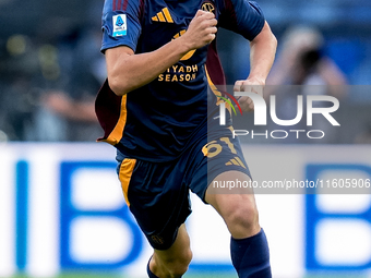 Niccolo' Pisilli of AS Roma during the Serie A Enilive match between AS Roma and Udinese Calcio at Stadio Olimpico on September 22, 2024 in...