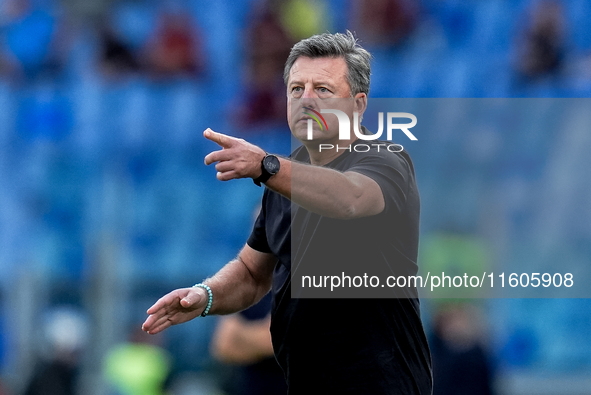 Kosta Runjaic head coach of Udinese Calcio gestures during the Serie A Enilive match between AS Roma and Udinese Calcio at Stadio Olimpico o...