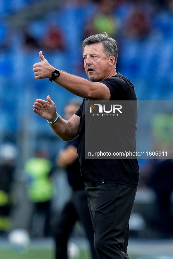 Kosta Runjaic head coach of Udinese Calcio gestures during the Serie A Enilive match between AS Roma and Udinese Calcio at Stadio Olimpico o...