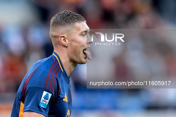 Artem Dovbyk of AS Roma stucks his tongue out during the Serie A Enilive match between AS Roma and Udinese Calcio at Stadio Olimpico on Sept...