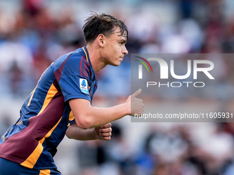 Niccolo' Pisilli of AS Roma gestures during the Serie A Enilive match between AS Roma and Udinese Calcio at Stadio Olimpico on September 22,...