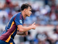 Niccolo' Pisilli of AS Roma gestures during the Serie A Enilive match between AS Roma and Udinese Calcio at Stadio Olimpico on September 22,...