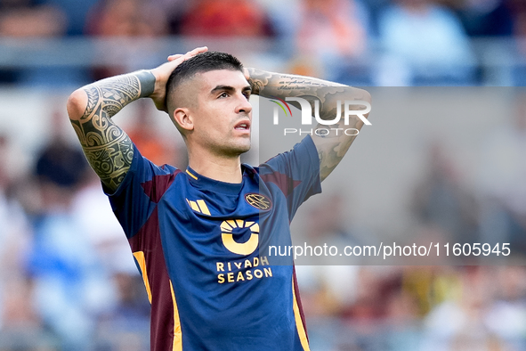 Gianluca Mancini of AS Roma looks dejected during the Serie A Enilive match between AS Roma and Udinese Calcio at Stadio Olimpico on Septemb...