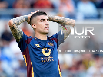 Gianluca Mancini of AS Roma looks dejected during the Serie A Enilive match between AS Roma and Udinese Calcio at Stadio Olimpico on Septemb...