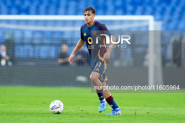 Niccolo' Pisilli of AS Roma during the Serie A Enilive match between AS Roma and Udinese Calcio at Stadio Olimpico on September 22, 2024 in...