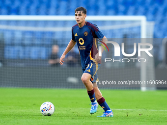 Niccolo' Pisilli of AS Roma during the Serie A Enilive match between AS Roma and Udinese Calcio at Stadio Olimpico on September 22, 2024 in...