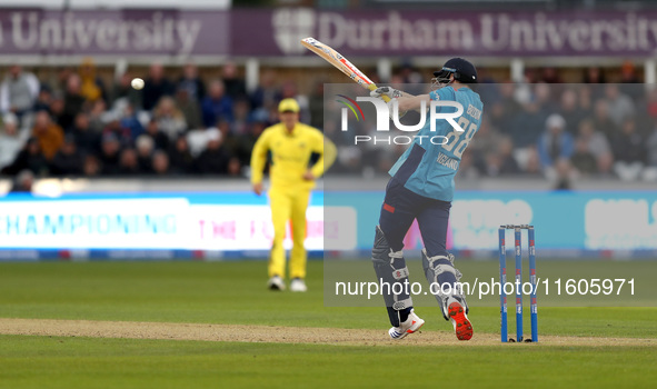 Harry Brook of England scores four during the Metro Bank One Day Series match between England and Australia at the Seat Unique Riverside in...