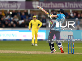 Harry Brook of England scores four during the Metro Bank One Day Series match between England and Australia at the Seat Unique Riverside in...