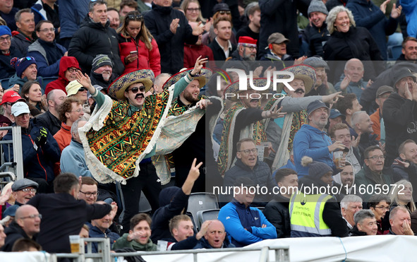 The crowd celebrates as Harry Brook of England scores four during the Metro Bank One Day Series match between England and Australia at the S...