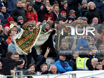 The crowd celebrates as Harry Brook of England scores four during the Metro Bank One Day Series match between England and Australia at the S...