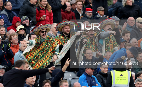 The crowd celebrates as Harry Brook of England scores four during the Metro Bank One Day Series match between England and Australia at the S...