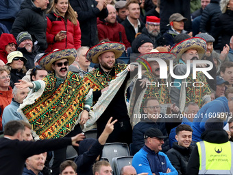 The crowd celebrates as Harry Brook of England scores four during the Metro Bank One Day Series match between England and Australia at the S...