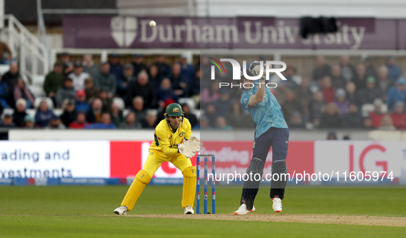 Harry Brook of England scores four during the Metro Bank One Day Series match between England and Australia at the Seat Unique Riverside in...