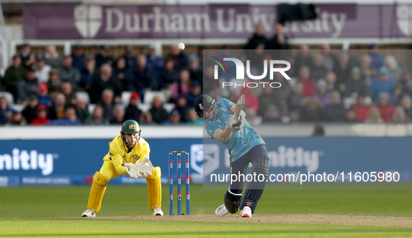 Harry Brook of England scores six during the Metro Bank One Day Series match between England and Australia at the Seat Unique Riverside in C...