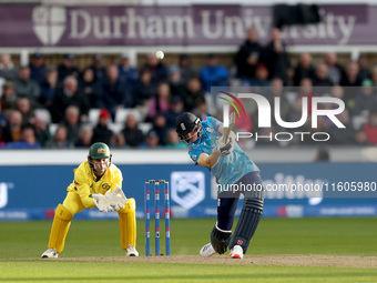 Harry Brook of England scores six during the Metro Bank One Day Series match between England and Australia at the Seat Unique Riverside in C...