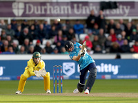 Harry Brook of England scores six during the Metro Bank One Day Series match between England and Australia at the Seat Unique Riverside in C...