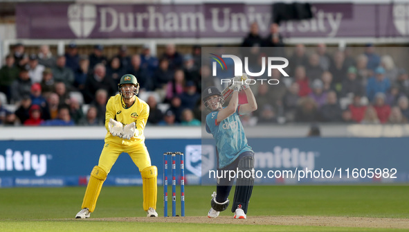 Harry Brook of England scores six during the Metro Bank One Day Series match between England and Australia at the Seat Unique Riverside in C...