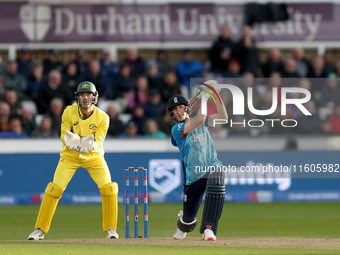 Harry Brook of England scores six during the Metro Bank One Day Series match between England and Australia at the Seat Unique Riverside in C...