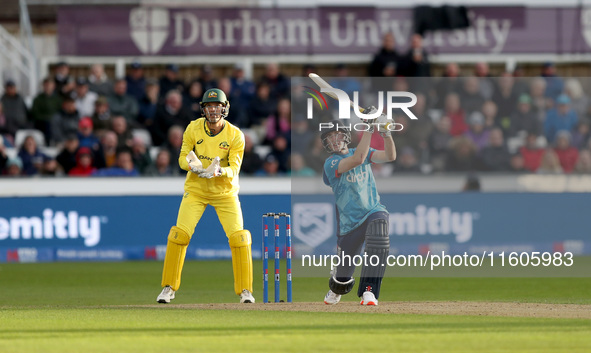 Harry Brook of England scores six during the Metro Bank One Day Series match between England and Australia at the Seat Unique Riverside in C...