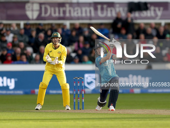 Harry Brook of England scores six during the Metro Bank One Day Series match between England and Australia at the Seat Unique Riverside in C...