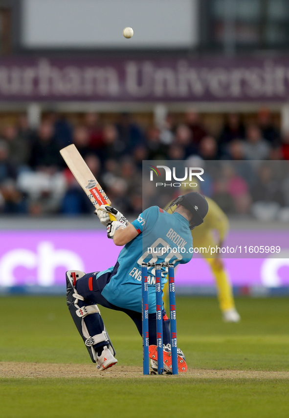 Harry Brook of England scores four with a scoop shot during the Metro Bank One Day Series match between England and Australia at the Seat Un...