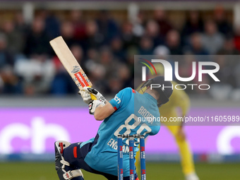 Harry Brook of England scores four with a scoop shot during the Metro Bank One Day Series match between England and Australia at the Seat Un...